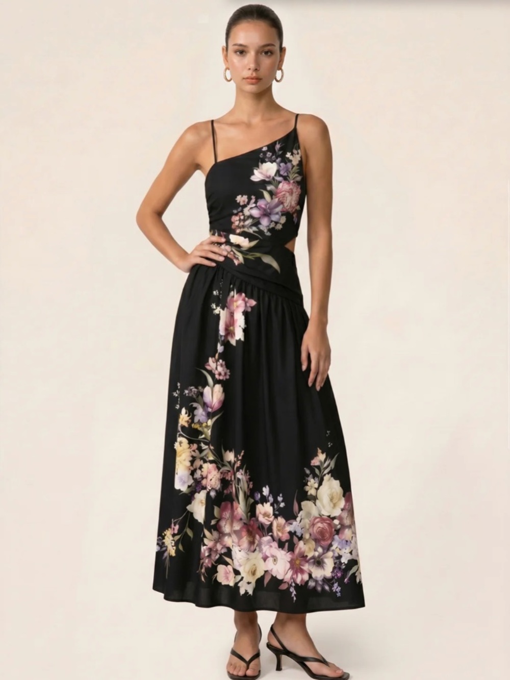 Asymmetric Cutout Floral Slip Midi Dress Black / XS